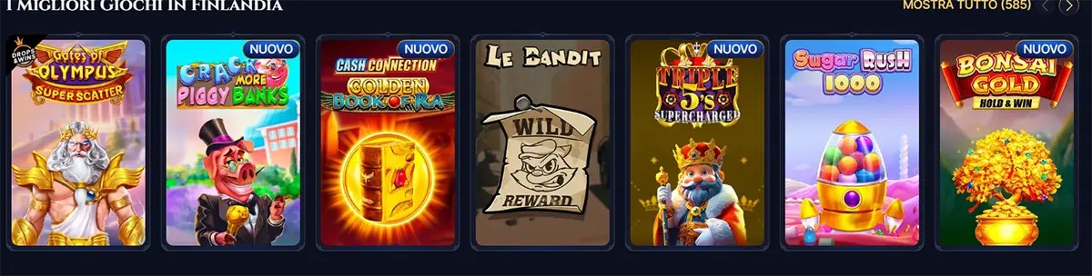 Carousel of “I migliori giochi in Finlandia” showing slot thumbnails (some marked “Nuovo”): Gates of Olympus Super Scatter, Crack More Piggy Banks, Cash Connection Golden Book of Ra, Le Bandit, Triple 5’s Supercharged, Sugar Rush 1000, and Bonsai Gold Hold & Win.
