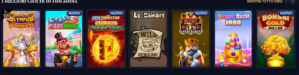 Carousel of “I migliori giochi in Finlandia” showing slot thumbnails (some marked “Nuovo”): Gates of Olympus Super Scatter, Crack More Piggy Banks, Cash Connection Golden Book of Ra, Le Bandit, Triple 5’s Supercharged, Sugar Rush 1000, and Bonsai Gold Hold & Win.