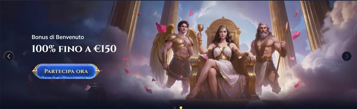 Italian welcome bonus banner showing “Bonus di Benvenuto 100% fino a €150” with a “Partecipa ora” button, featuring a goddess on a throne between two mythic guardians in a cloudy temple scene.