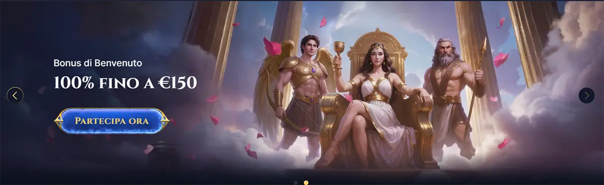 Italian welcome bonus banner showing “Bonus di Benvenuto 100% fino a €150” with a “Partecipa ora” button, featuring a goddess on a throne between two mythic guardians in a cloudy temple scene.