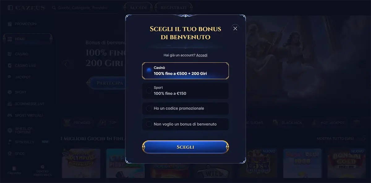 Italian welcome bonus selection popup showing options: Casino 100% up to €500 + 200 spins, Sport 100% up to €150, promo code entry, and a “Scegli” button.