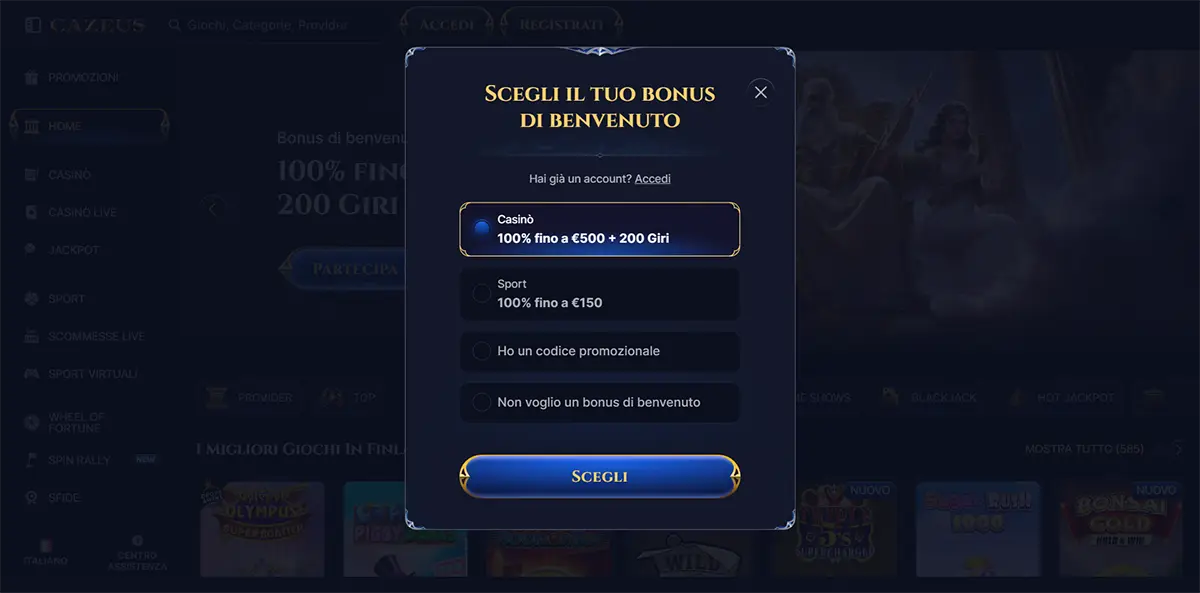 Italian welcome bonus selection popup showing options: Casino 100% up to €500 + 200 spins, Sport 100% up to €150, promo code entry, and a “Scegli” button.